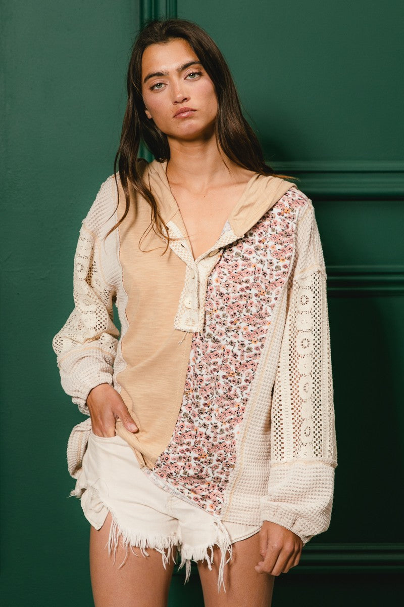 BiBi Knit Floral and Lace Hooded Top in Taupe