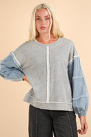 Very J OVERSIZED Terry Knit Top with Denim Sleeves in Heather Grey