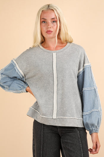 Very J OVERSIZED Terry Knit Top with Denim Sleeves in Heather Grey