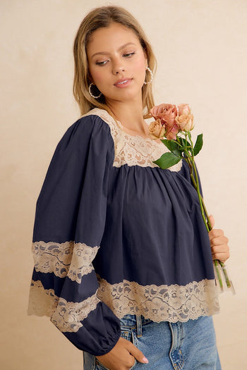 BiBi Solid Woven Balloon Sleeve Square Neck Blouse With Lace Trim in Navy
