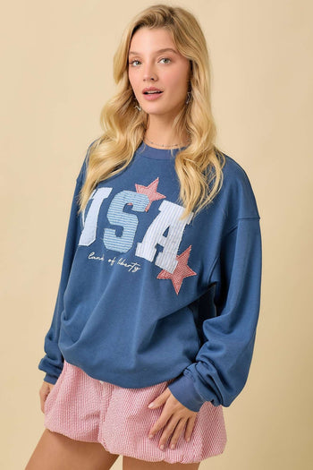Main Strip OVERSIZED USA Patchwork Top in Dark Blue