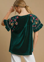 Load image into Gallery viewer, Umgee Velvet Top with Floral Embroidery in Hunter Green
