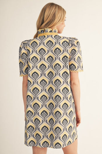 Jodifl Scallop Trim Detail Baroque Floral Shift Dress in Honey Mustard
