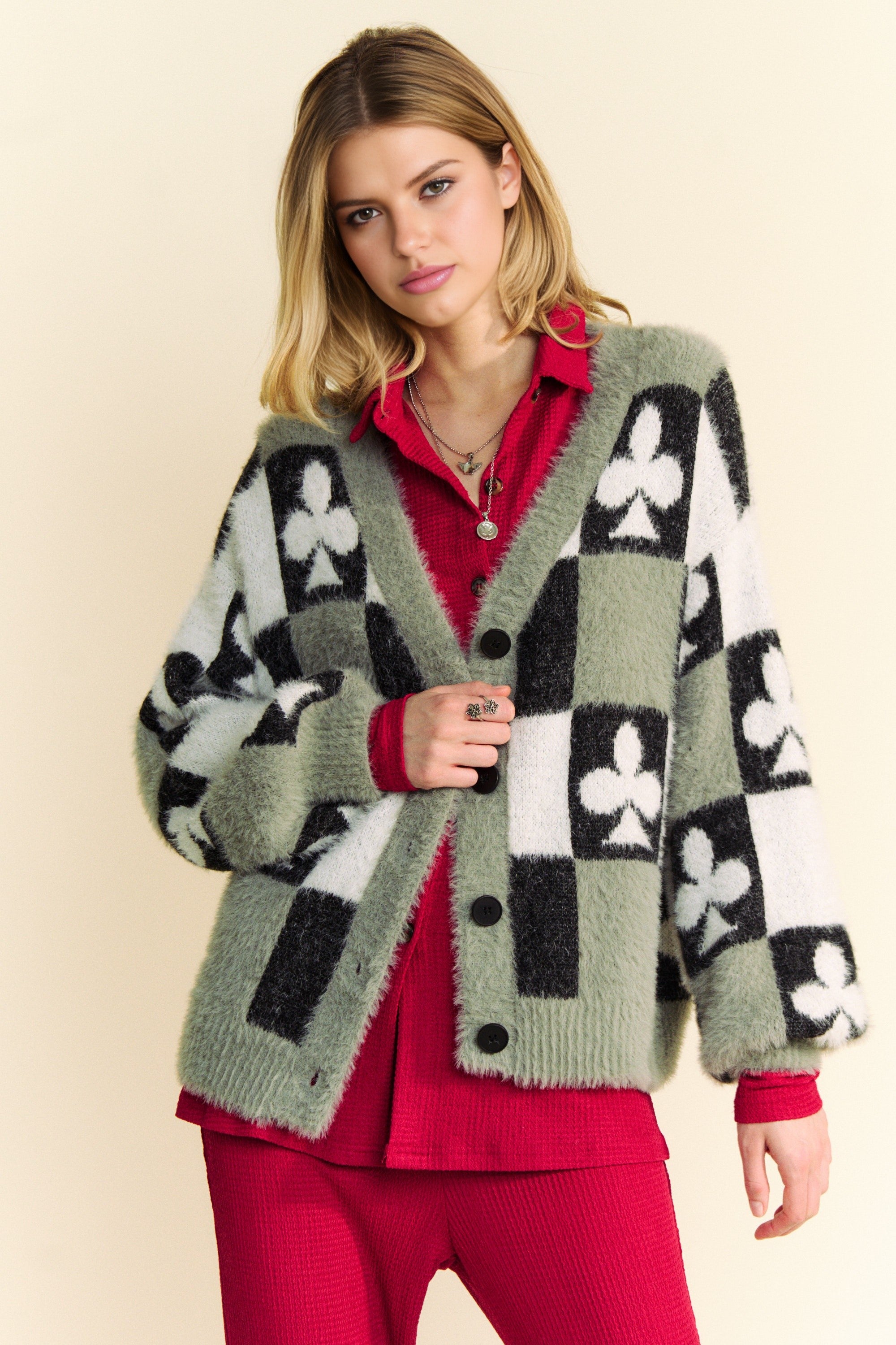 Davi & Dani Front Button Down Cardigan with Checkered & Clover