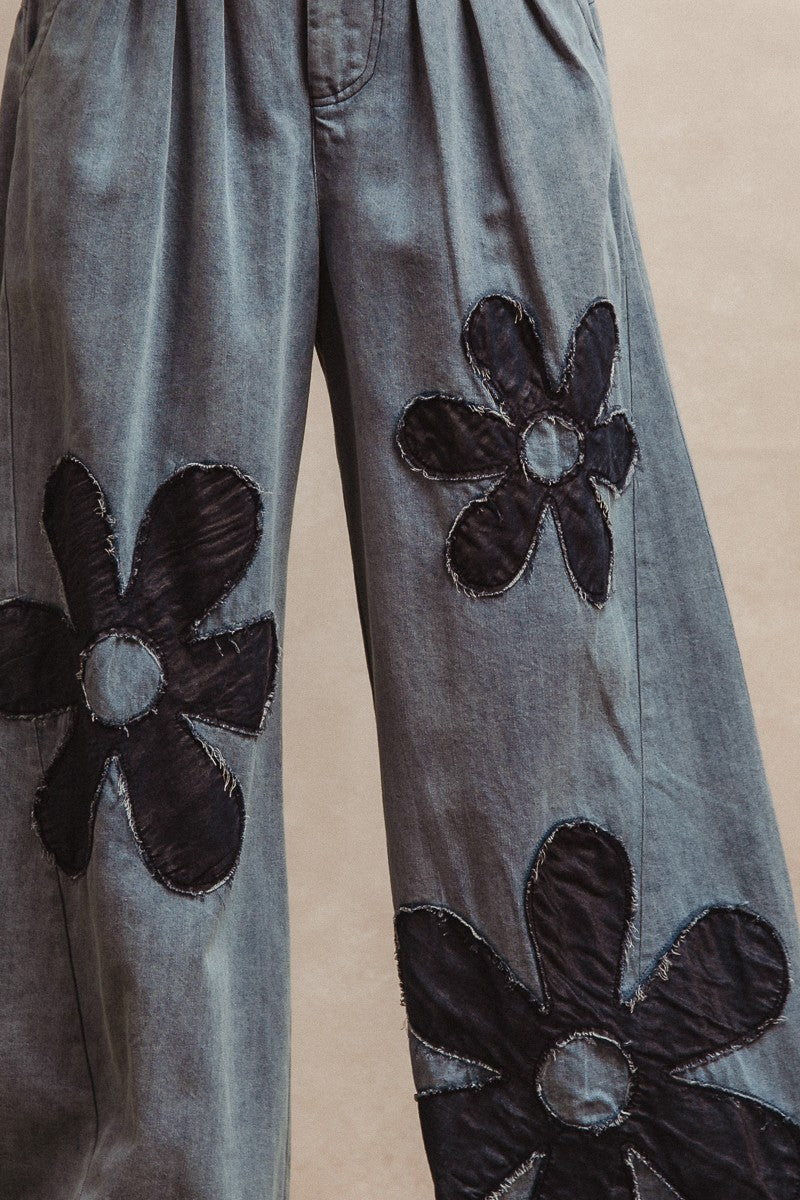 BiBi Flower Patched Washed Chambray Pants in Denim/Dark Denim