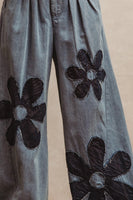 BiBi Flower Patched Washed Chambray Pants in Denim/Dark Denim