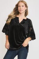 Umgee Velvet Split Neck Top with Floral Lace Sleeves in Black