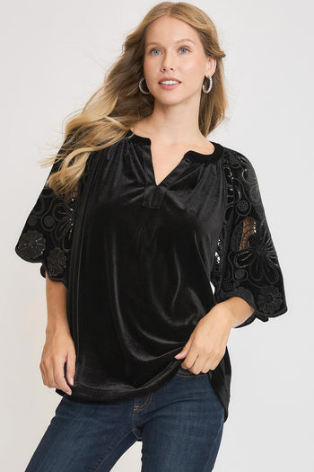 Umgee Velvet Split Neck Top with Floral Lace Sleeves in Black