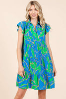 Mittoshop Leaf Print Tiered Mini Dress in Azure Combo
