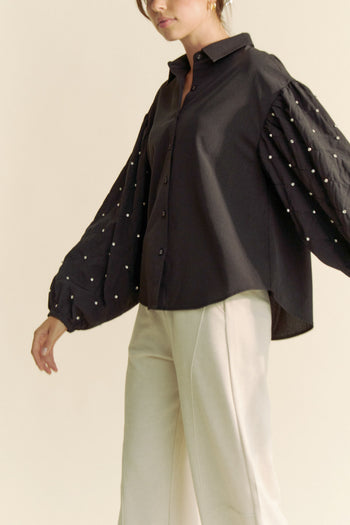 Davi & Dani Solid Color Button Up Top with Stone Embellished Sleeves in Black
