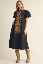 Load image into Gallery viewer, Jodifl Puff Sleeves Applique Accent Midi Dress in Black
