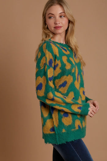 Umgee Leopard Sweater With Destroyed Rib Band Pullover Sweater in Green