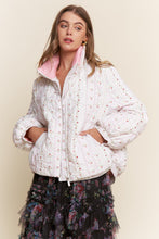 Load image into Gallery viewer, J.nna Double Collar Floral Print Puffer Jacket in Floral White
