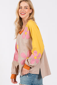 Sage+Fig OVERSIZED Multi Colored Daisy Patch Top in Mushroom