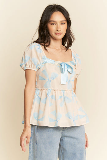 Davi & Dani Bow Print Peplum Top in Blue