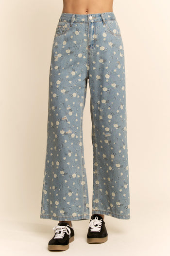 Davi & Dani High Waisted Floral Print Pants in Blue Denim