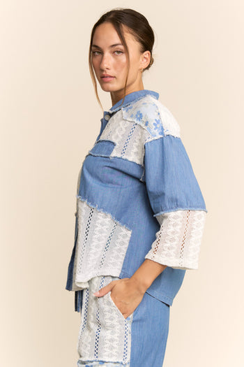 Davi & Dani Printed Denim and Lace Button Front Shirt in Light Denim Multi