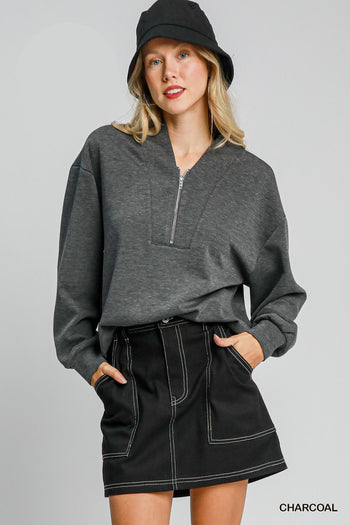 Umgee LuxeKnit High Neck Sweatshirt in Charcoal