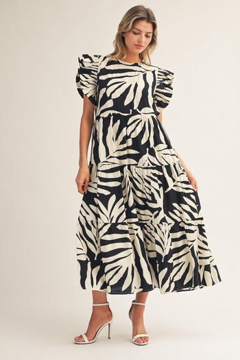 Jodifl Tropical Palm Print Tiered Midi Dress in Black