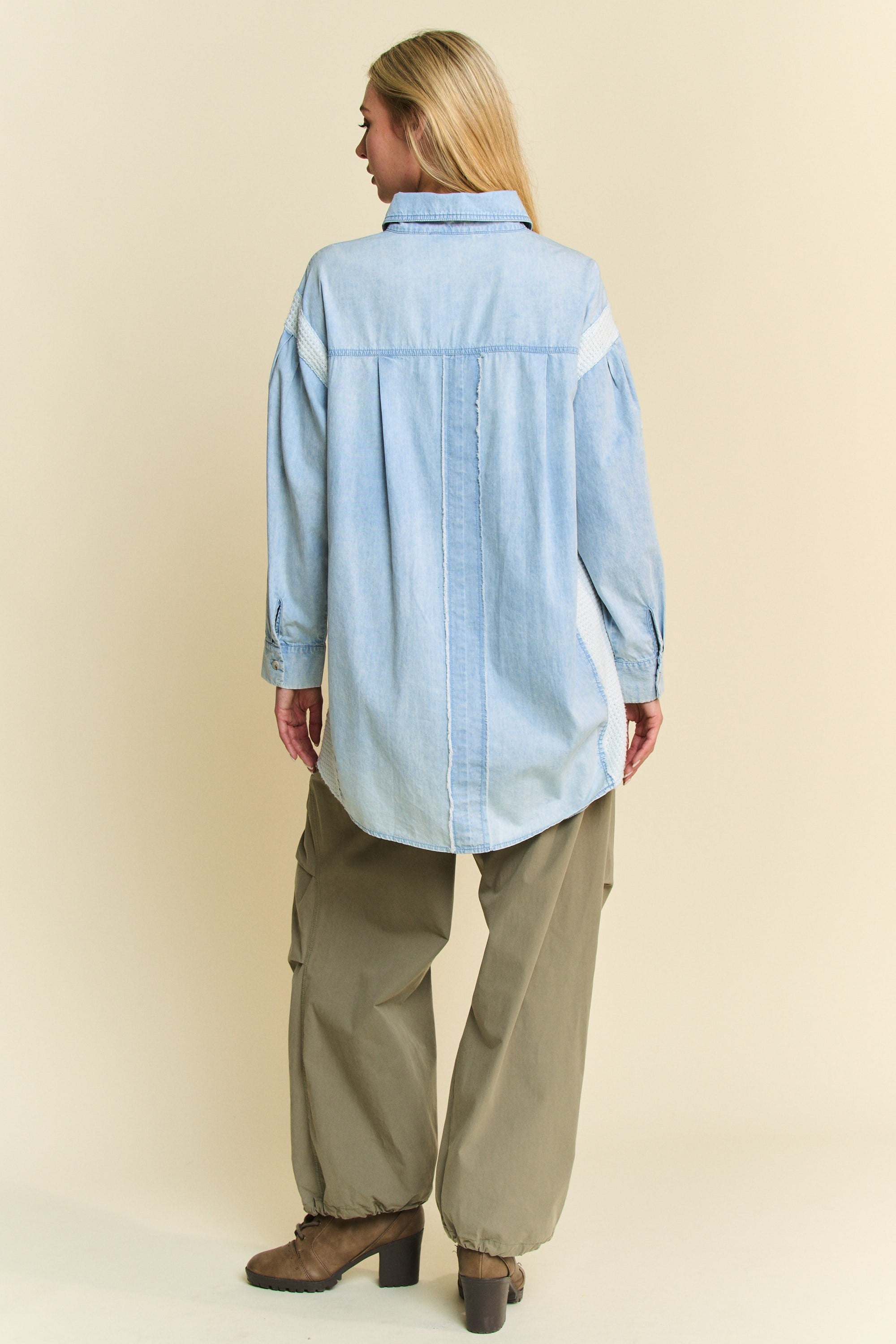 Davi & Dani Chambray and Waffle Knit Top with Daisy Patches in
