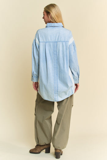 Davi & Dani Chambray and Waffle Knit Top with Daisy Patches in Light Denim