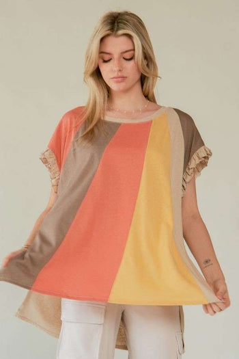 Davi & Dani Lightweight Knit Color Block Top in Taupe Multi FINAL SALE