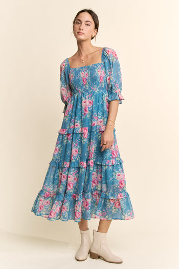 Davi & Dani Garden Floral Chiffon Midi Dress in Seafoam