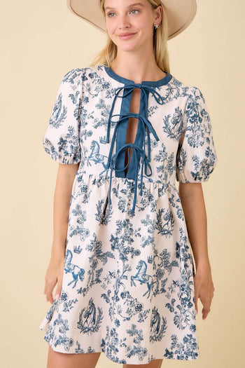 Main Strip Vintage Horse Toile Print Denim Mini Dress in Dark Navy S Main Strip Vintage Horse Toile Print Denim Mini Dress in Dark Navy S