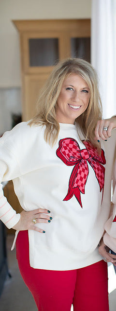 August Bleu Valentine's Day Pink and Red Checkered Bow Sweatshirt in Belgian Cream
