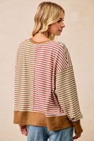 BiBi Thermal Knit Color Block Striped Top in Mocha/Marsala
