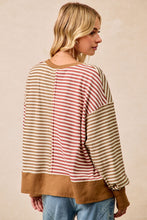 Load image into Gallery viewer, BiBi Thermal Knit Color Block Striped Top in Mocha/Marsala

