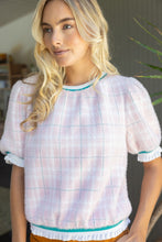 Load image into Gallery viewer, VOY Stripe Band Detail Fuzzy Textured Plaid Top in Pink

