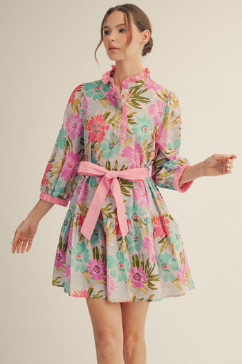 Jodifl Floral Print Tiered Mini Dress in Pink Mix