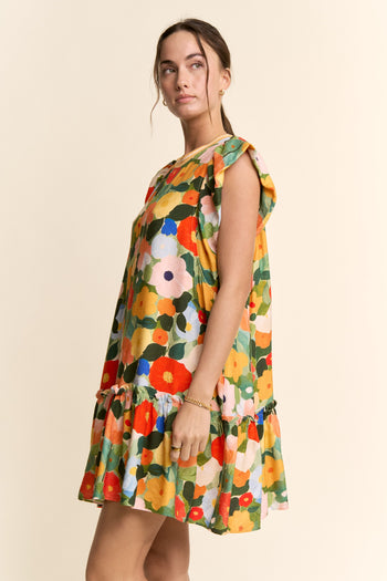Davi & Dani Ruffle Sleeve Floral Dress in Orange
