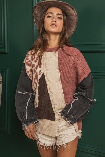 BiBi Mixed Pattern Sweater with Denim Sleeves in Black/Dark Rose Multi