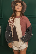 BiBi Mixed Pattern Sweater with Denim Sleeves in Black/Dark Rose Multi