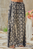 BiBi Floral Jacquard Side Lace Trim Elastic Pants in Black/Light Grey