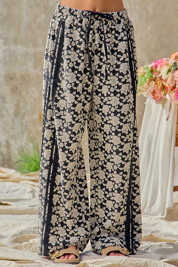 BiBi Floral Jacquard Side Lace Trim Elastic Pants in Black/Light Grey