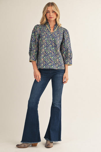 Jodifl Pleated Ruffled Neck Button Down Floral Top in Cobalt Blue