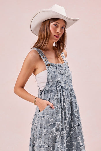 BiBi Frayed Textured Checkered Overalls in Denim