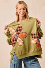 Load image into Gallery viewer, BiBi OVERSIZED Mixed Plaid Flower Patched French Terry Top in Olive
