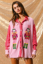 Load image into Gallery viewer, BiBi OVERSIZED Thermal Knit Shacket with Sequin Nutcrackers on Front and Velvet Sequin Sleeves in Pink
