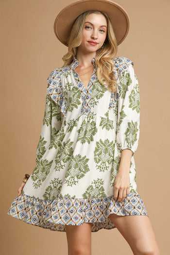 Umgee Damask Print Mini Dress with Ikat Border Print in Olive Mix