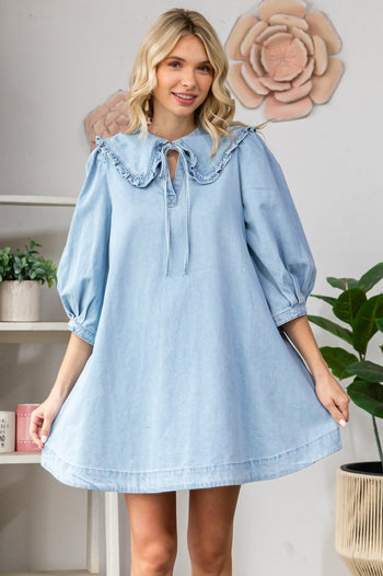 Veveret Denim Mini Dress with Peter Pan Collar in Light