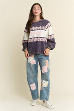 Load image into Gallery viewer, J.nna Mineral Washed Lace Trimmed Positive Lettering Front Sweatshirt in Navy
