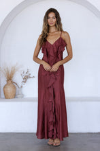 Load image into Gallery viewer, Storia Satin Ruffle V-Neck Dress in Raspberry
