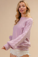 BiBi Solid Color Raglan Sweater with Cable Knit Sleeves in Lilac