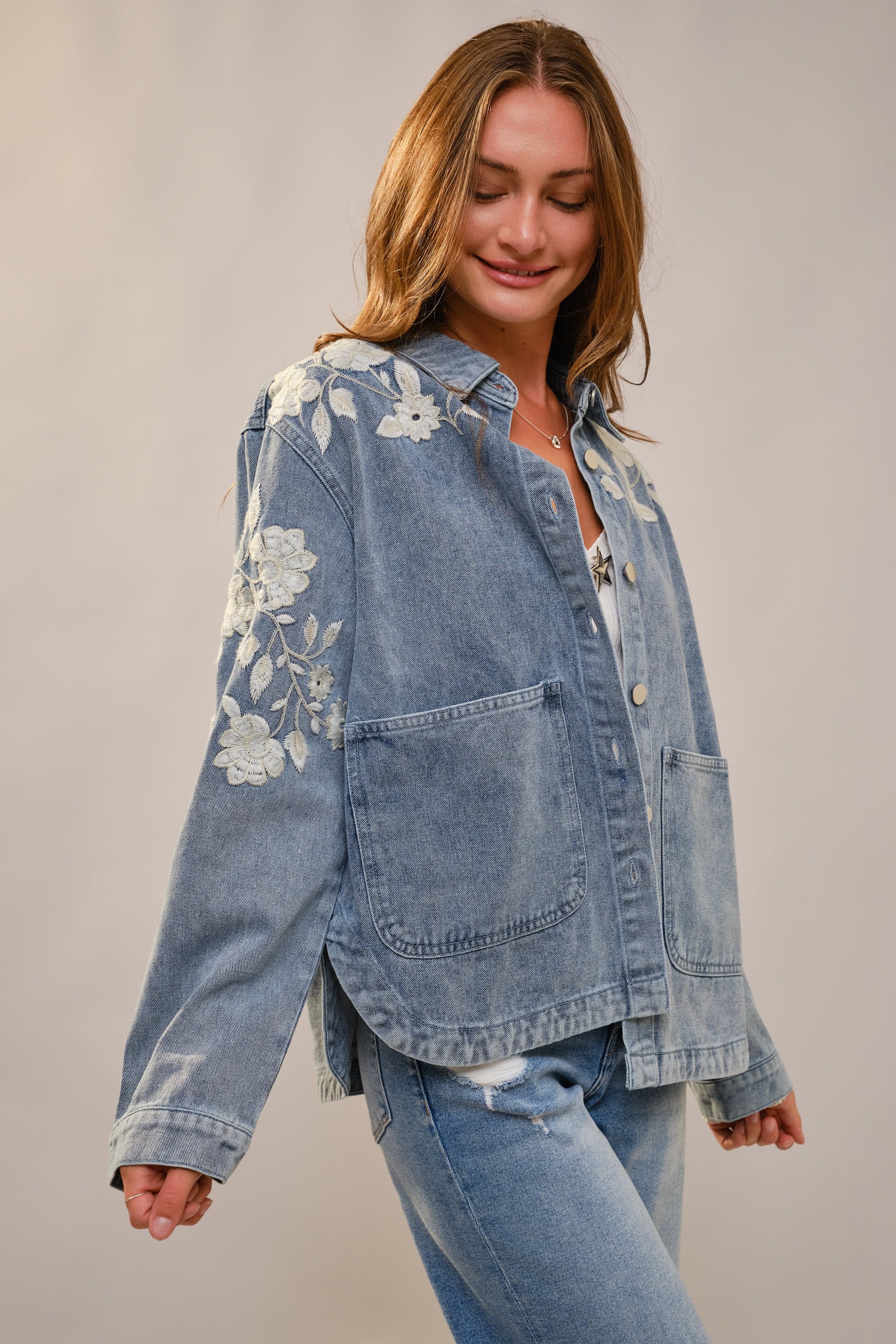 Blue B Denim Jacket with Floral Embroidery in Light Denim – June Adel