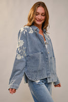 Blue B Denim Jacket with Floral Embroidery in Light Denim