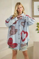 Oli & Hali Mineral Washed OVESIZED Top with Mixed Plaid Heart Patches in Blue